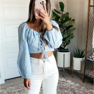 goodnight macaroon • boho chic seersucker gingham tie front balloon sleeve top S